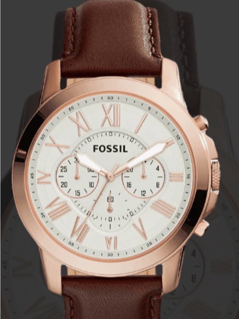 Fossil Rose Gold and Brown Leather Chronograph Watch Mens